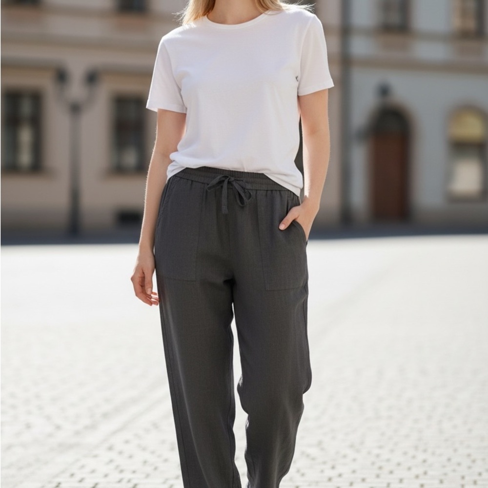 *NWT* HALARA Blk High Waisted Drawstring Pocket Wide-Leg Casual Linen Pants - LT